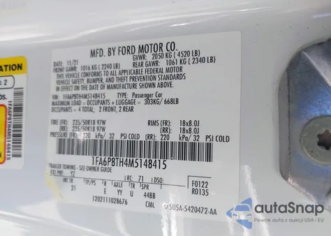 2021 Ford Mustang Ecoboost Fastback из США, поврежденный, VIN 1FA6P8TH4M5148415